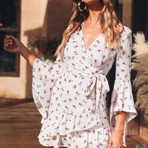 New Off white cream floral wrap mini dress